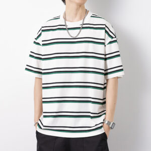 Contrasting color striped short-sleeved t-shirt men's summer American retro half-sleeved top trendy loose casual all-match five-point sleeves