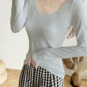 Bottoming shirt women's long-sleeved solid color inner tight low-neck thin top spring and autumn new slim fit versatile u-neck t-shirt