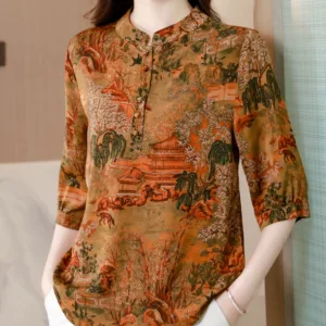 Three-quarter sleeve shirt for women, summer loose, belly-covering fragrant cloud gauze shirt, middle-aged mother, retro printed top, fashionable