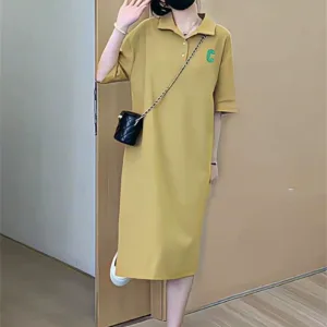 Mint green French age-reducing polo shirt collar dress women's summer fat mm large size slim long style over the knee