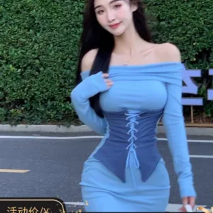 Pure sexy one-shoulder off-shoulder long-sleeved dress for women in autumn new style strapped waist design hip skirt short skirt