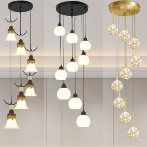 Nordic simple loft staircase long chandelier villa rotating loft wrought iron glass restaurant bar lamp creative personality