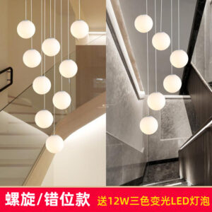 Simple modern white duplex floor fish line rotating staircase long chandelier Nordic irregular loft living room lamp customization
