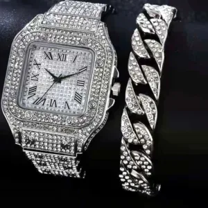 Hip-hop punk watch set diamond steel band watch chain diamond bracelet 2pcs/set free box