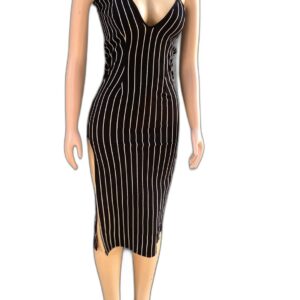 Short Black & White Women's Striped Print Hip-wrapped Tight Slimming Dress