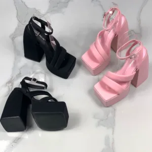 Large size shoes fashionable square toe thick heel waterproof platform thick bottom one-word buckle sandals women's summer all-match super high heels