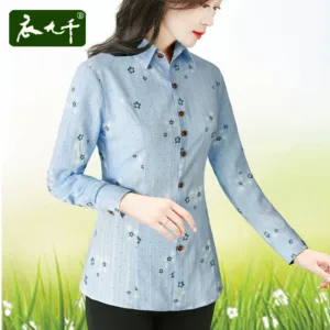 Long-sleeved cotton floral shirt for women 2023 blue women's shirt new spring top mother's wear cotton