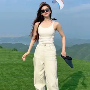 Zhao Lusi's same style of stylish off-white wide-leg jeans for women, high-waisted, slim, loose, floor-length straight pants for summer