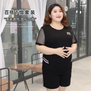 Summer casual sports women's suit plus fat plus size 200 pounds middle-aged mother loose slimming two-piece running suit