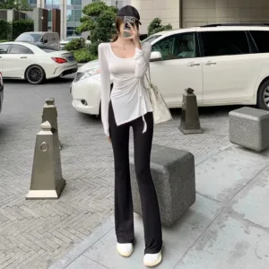 Designed hot girl top drawstring pleated slim sexy irregular slit thin long-sleeved T-shirt bottoming shirt for women