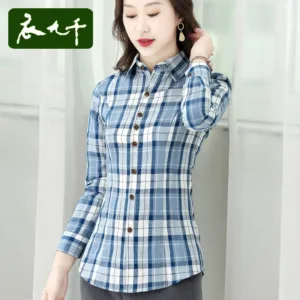 Cotton and linen blue plaid long-sleeved shirt, women's shirt, Korean style waist slimming middle-aged and elderly mother's wear, slimming and belly-covering