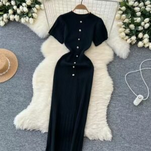 Slim Fit French Style Solid Color 2025 Long Elegant Short-Sleeve Knitted Long Dress